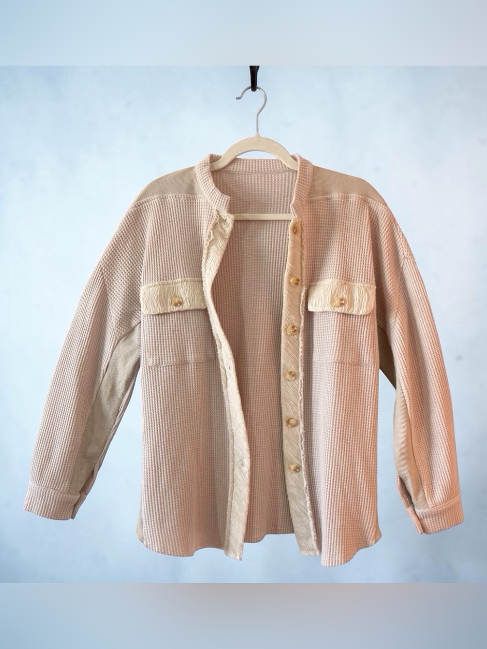 Women's Cream Waffle-Knit Button Front Shacket Jacket Small